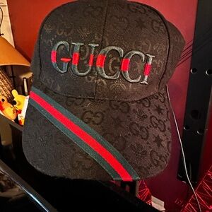 Designer Inspired Black Cap with Red and Green Stripe & iconic textured pattern